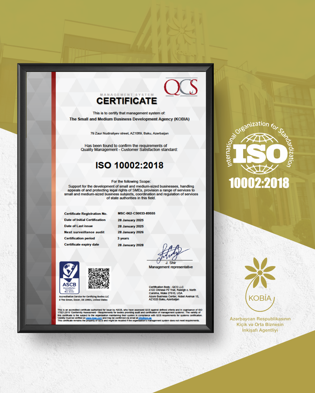 KOBİA-ya ISO 10002:2018 beynəlxalq standartı üzrə sertifikat təqdim edilib